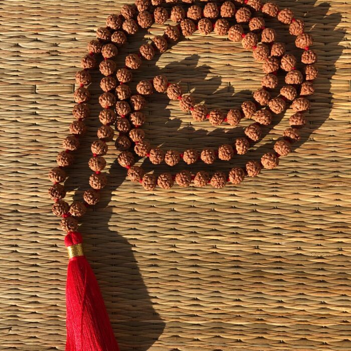 Collier mala 108 perles en graines de rudraksha naturelles, agrémenté d’un pompon rouge symbolisant la vitalité et la force spirituelle. Bijou traditionnel indien utilisé pour la méditation et la prière.