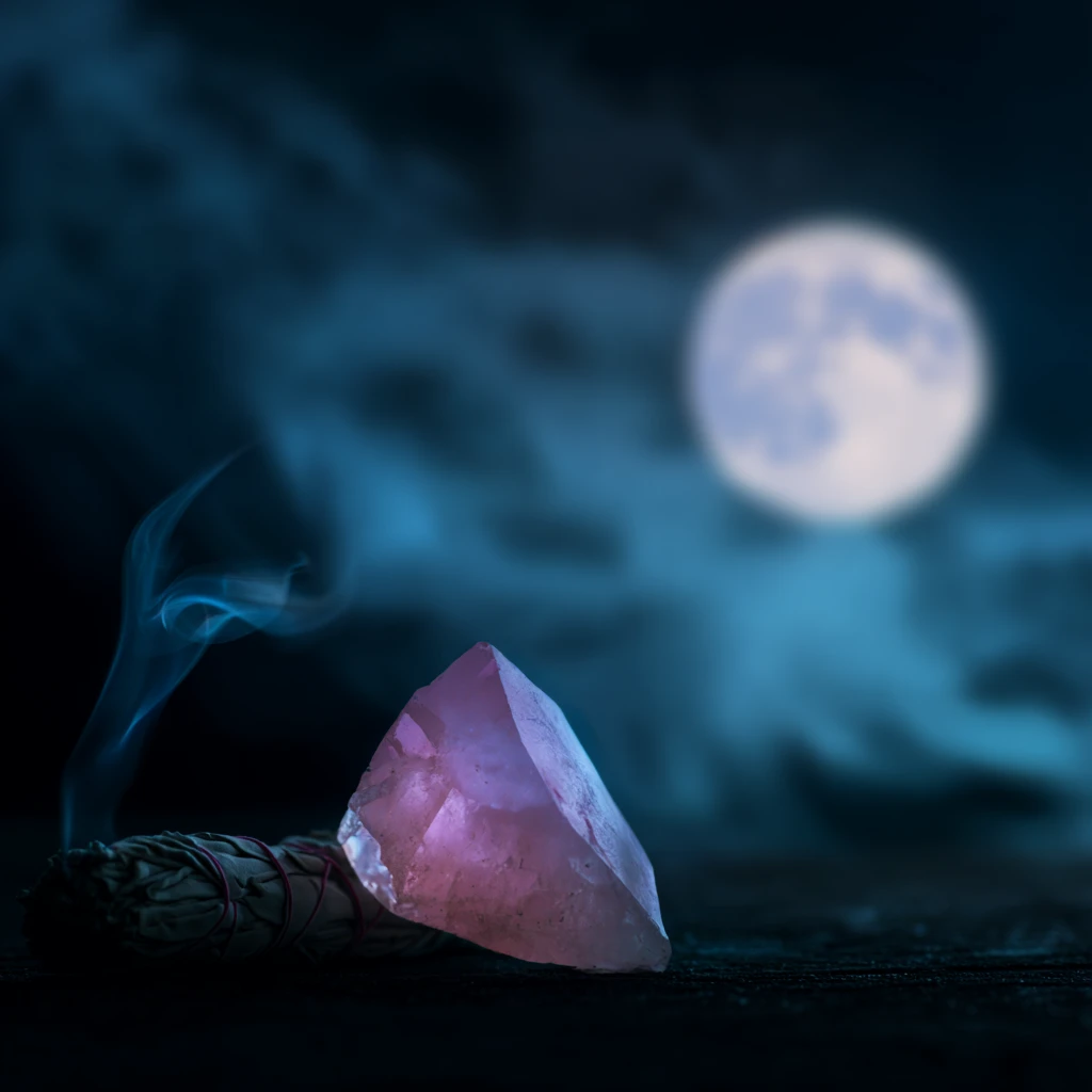 Cristal brut de quartz rose posé près d’un bâton de sauge sous la pleine lune, rituel de purification et de rechargement énergétique.