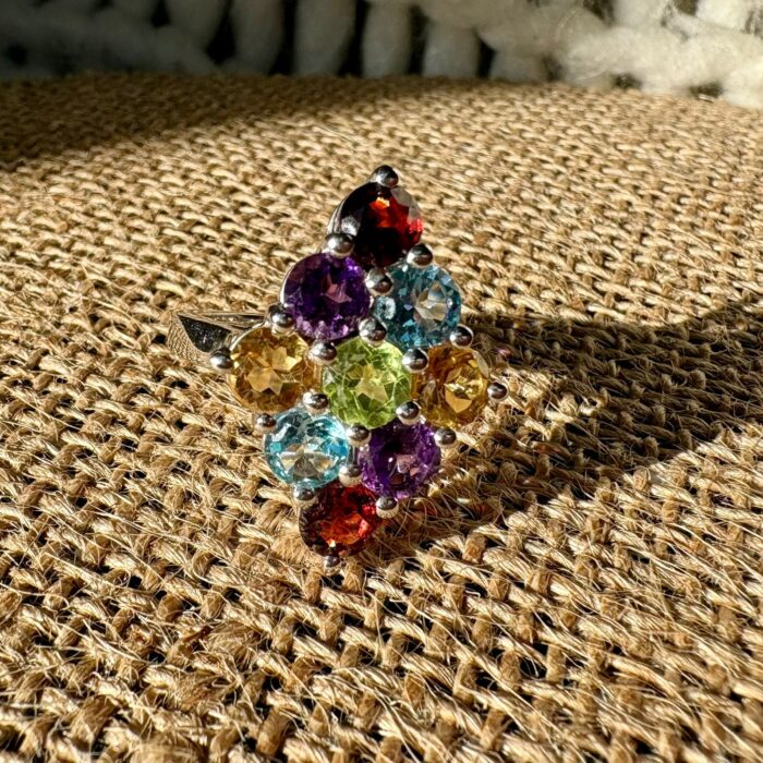 bague argent multicolore (grenat, améthyste, péridot, citrine, topaze bleue)