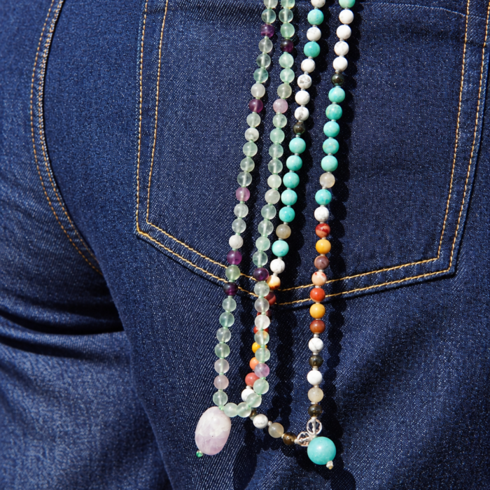 mala aura – fluorite & quartz rose – 6 mm